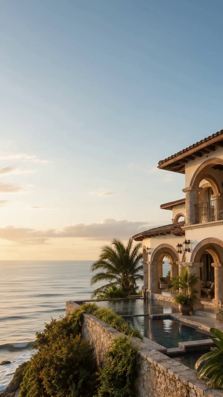 Casa frente al mar al atardecer, con arcos y terrazas sobre un acantilado